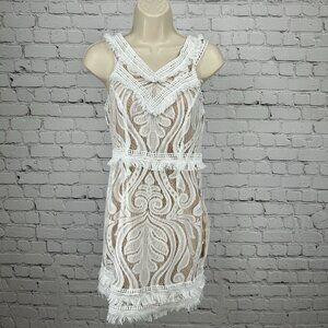 Ryse The Label Off White Sleeveless V Neck Lace Fringe Mini Dress Size Small S